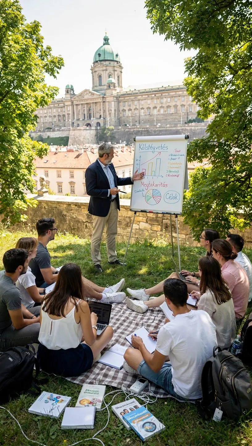 Csoport emberek, akik egy pénzügyi workshopon tanulnak a pénzkezelés alapjairól és a tudatos költésről.